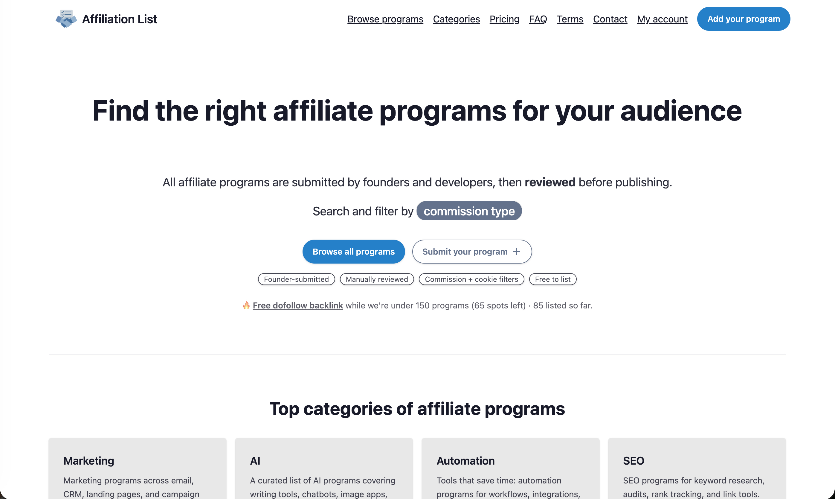 AffiliationList - find and compare affiliate programs by niche, commission, and cookie duration