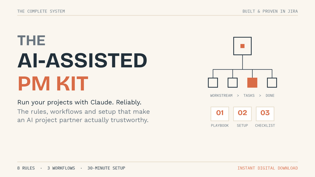 The AI-Assisted PM Kit homepage on Gumroad - a system for running Jira reliably with Claude