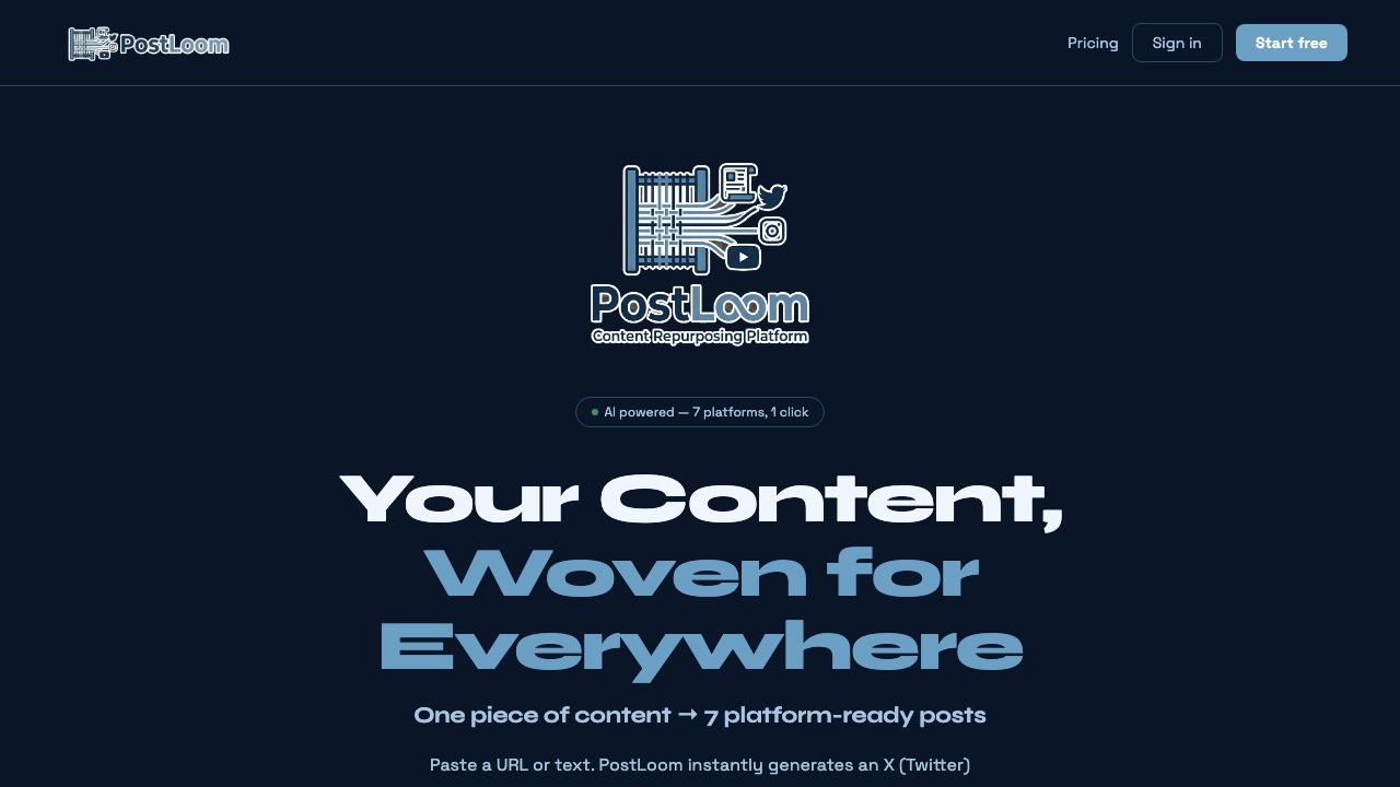 PostLoom homepage - AI content repurposing tool for multi-channel distribution