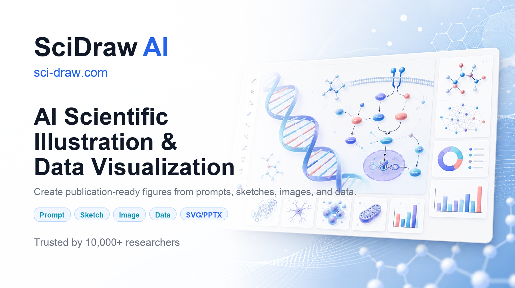 SciDraw AI homepage - AI-powered scientific illustration platform for researchers and educators